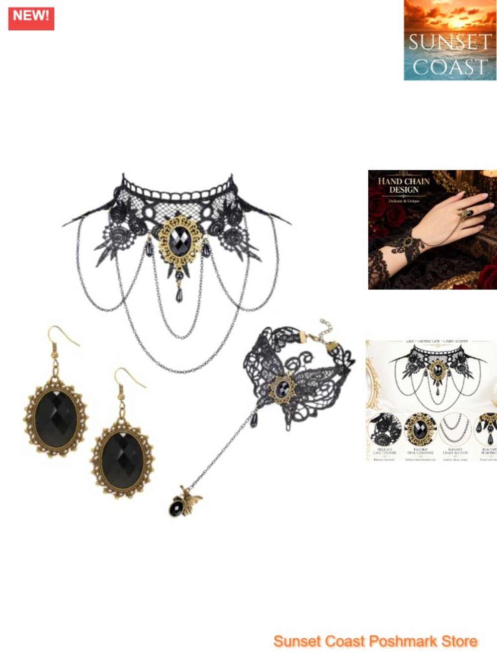 Gothic Lace Choker Necklace Bracelet Earrings Set Cosplay Costume Accessories